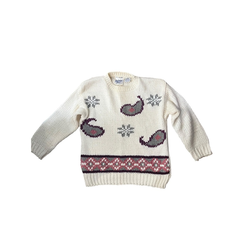 Midnight Blues Vintage Hand Knit Paisley Snowflake Sweater Cream White Womens S